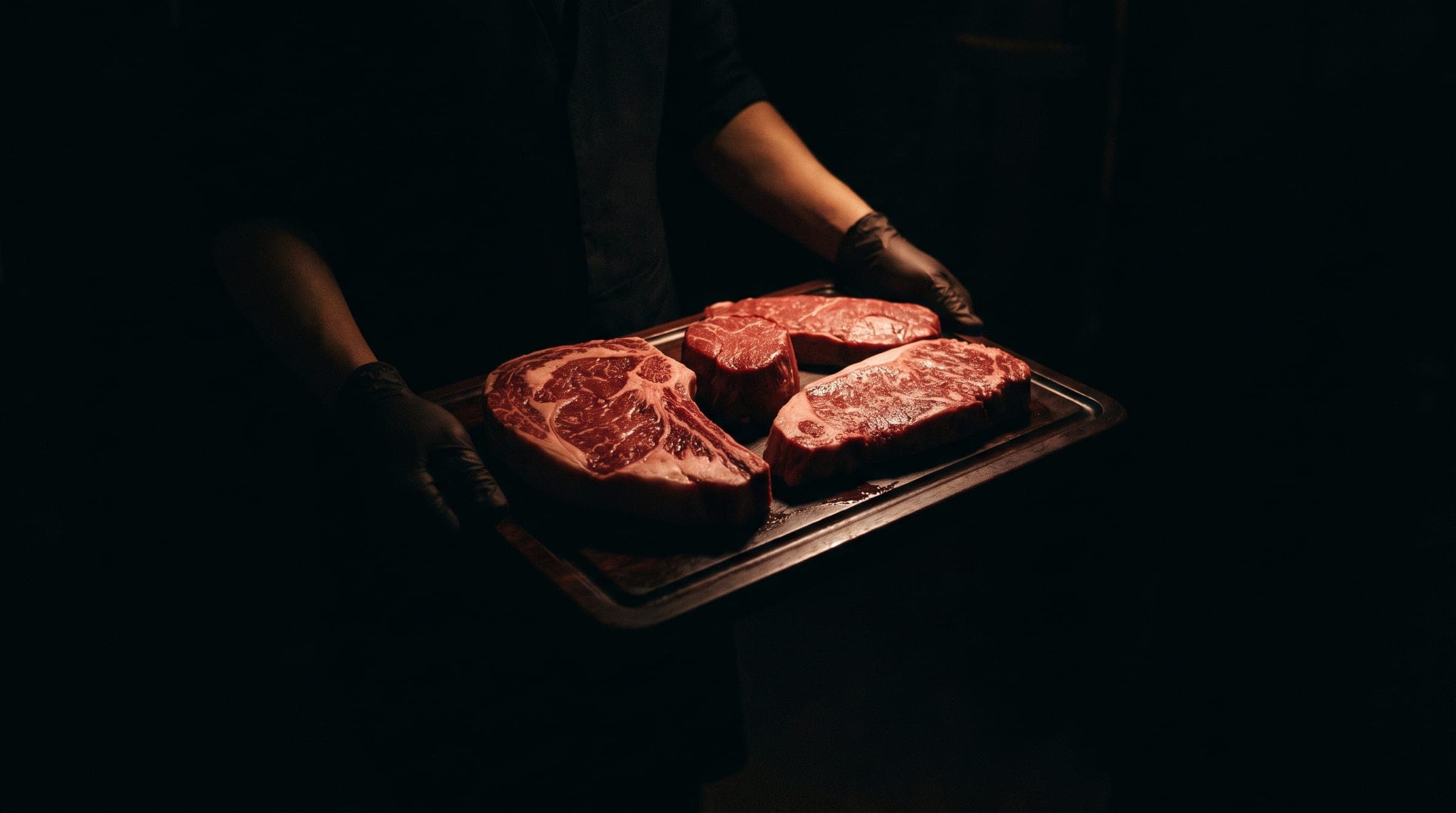 Handen in zwarte handschoenen houden een dienblad met vier rauwe steaks in het donker